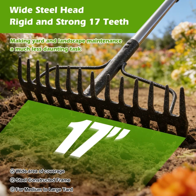 Alt view image 3 of 7 - 63" Bow Rake,Heavy Duty Metal Garden Rake for Moving Gravel Loosening Soil Leveling Ground Gathering Leaf Debris Spreading Mulch, 17 Tines,Adjustable Handle, for Lawn Garden Farm Landscape Work