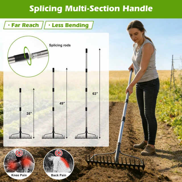 Alt view image 5 of 7 - 63" Bow Rake,Heavy Duty Metal Garden Rake for Moving Gravel Loosening Soil Leveling Ground Gathering Leaf Debris Spreading Mulch, 17 Tines,Adjustable Handle, for Lawn Garden Farm Landscape Work
