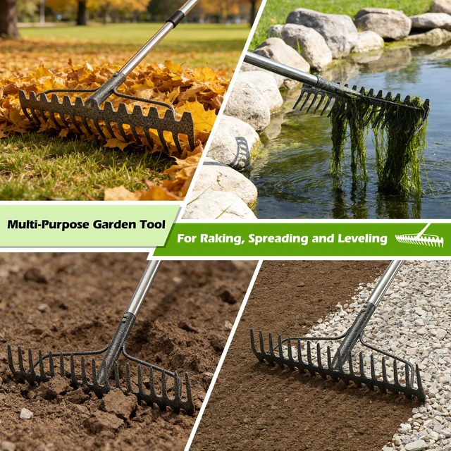Alt view image 6 of 7 - 63" Bow Rake,Heavy Duty Metal Garden Rake for Moving Gravel Loosening Soil Leveling Ground Gathering Leaf Debris Spreading Mulch, 17 Tines,Adjustable Handle, for Lawn Garden Farm Landscape Work