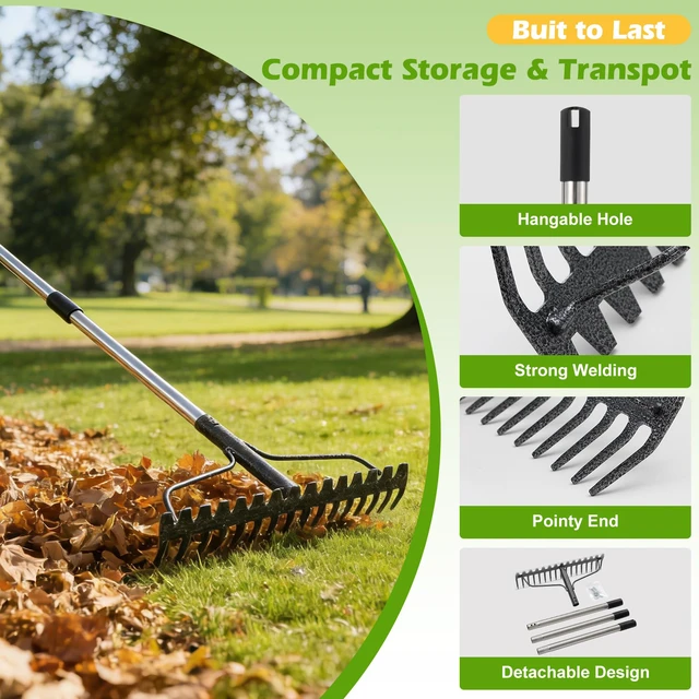 Alt view image 7 of 7 - 63" Bow Rake,Heavy Duty Metal Garden Rake for Moving Gravel Loosening Soil Leveling Ground Gathering Leaf Debris Spreading Mulch, 17 Tines,Adjustable Handle, for Lawn Garden Farm Landscape Work