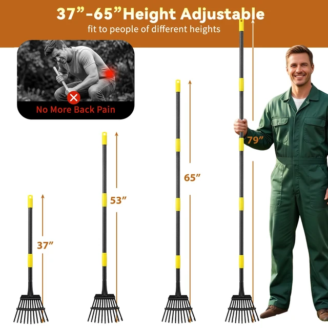 Alt view image 5 of 7 - Rake, Garden Leaf Rakes for Lawns Heavy Duty, Yard Metal Rake Tools with 9" Small Narrow Rake Head, 65 Adjustable Long Handle, 11 Steel Tines, Quick Clean up Rake for Shrub, Flower Bed, Camping