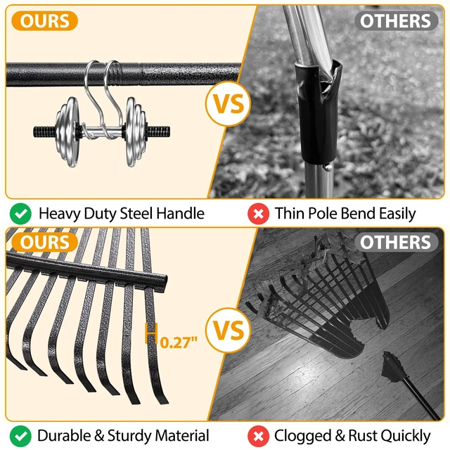 Alt view image 2 of 7 - Rake, Garden Leaf Rakes for Lawns Heavy Duty, Yard Metal Rake Tools with 9" Small Narrow Rake Head, 65 Adjustable Long Handle, 11 Steel Tines, Quick Clean up Rake for Shrub, Flower Bed, Camping