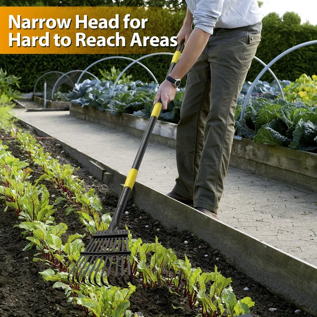 Alt view image 3 of 7 - Rake, Garden Leaf Rakes for Lawns Heavy Duty, Yard Metal Rake Tools with 9" Small Narrow Rake Head, 65 Adjustable Long Handle, 11 Steel Tines, Quick Clean up Rake for Shrub, Flower Bed, Camping