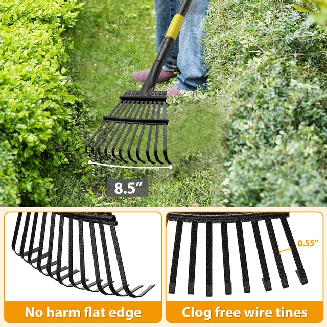 Alt view image 4 of 7 - Rake, Garden Leaf Rakes for Lawns Heavy Duty, Yard Metal Rake Tools with 9" Small Narrow Rake Head, 65 Adjustable Long Handle, 11 Steel Tines, Quick Clean up Rake for Shrub, Flower Bed, Camping