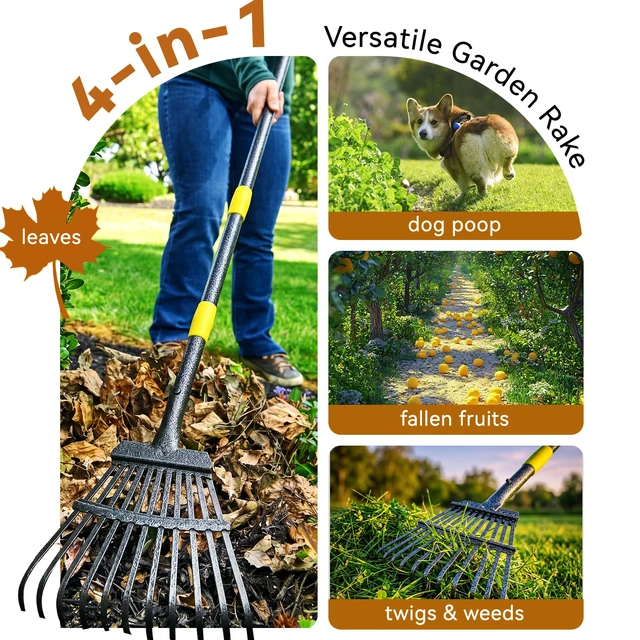 Alt view image 7 of 7 - Rake, Garden Leaf Rakes for Lawns Heavy Duty, Yard Metal Rake Tools with 9" Small Narrow Rake Head, 65 Adjustable Long Handle, 11 Steel Tines, Quick Clean up Rake for Shrub, Flower Bed, Camping