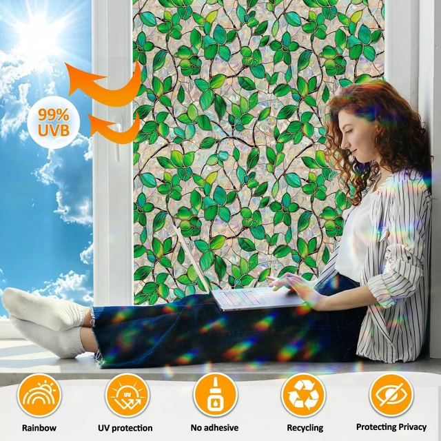 Alt view image 3 of 7 - Rainbow Stained Glass Window Privacy Film Static Cling17.5x78.7in | HeatBlocking EnergySaving, UV Sun Blocking AntiGlare, RenterFriendly, Easy Installation for Front Door & Home Windows