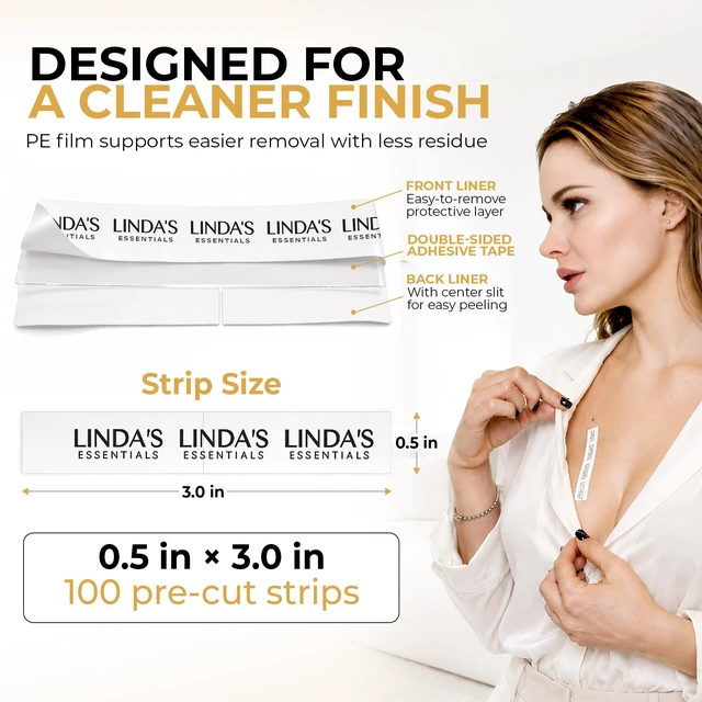 Alt view image 5 of 7 - Double Sided Tape for Clothes, Body and Fashion (100 Pack) | Clothing and Hem Tape for Women, No Sew No Iron, Fabric Adhesive, Strong Clear Body Adhesive for Skin (Extra Wide - 100 Pack)