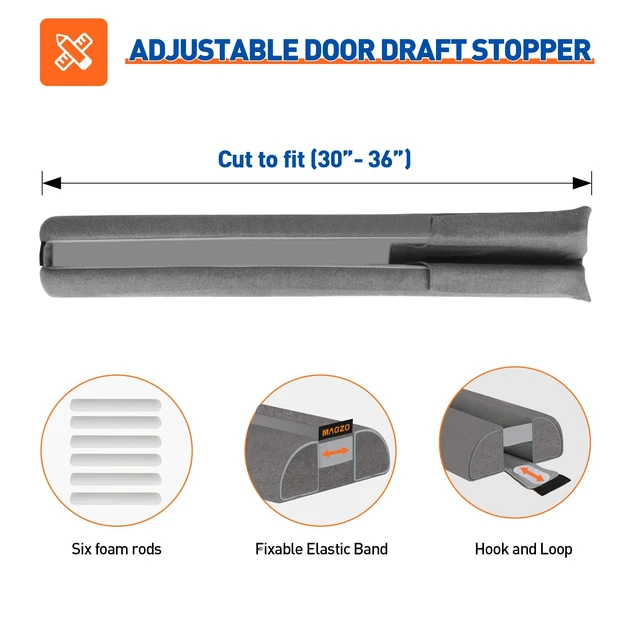 Alt view image 5 of 6 - Under Door Draft Stopper, 36 Inch Adjustable Door Gap Filler, Gray | Dual-Sided Soundproof Door Sweep for Blocking Noise Cold Air, Smoke, Dust & Light Easy Install, Energy Saving, Washable
