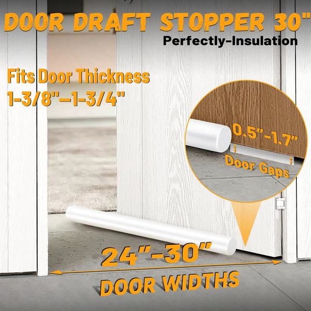 Alt view image 3 of 7 - Large Door Draft Stopper 30 Inch for Small Bedroom, Fits 1.7" Gaps | Small Size Bedroom Door, Fits 0.5 to 1.7" Gaps, White Under Door Draft Blocker, Seal Gap, Draft Guard for Bottom of Doors
