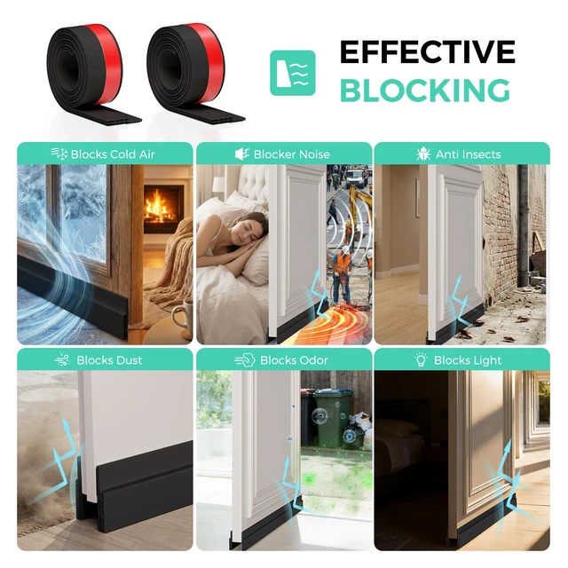 Alt view image 3 of 7 - 2 Pack Under Door Draft Stopper Weather Stripping Door Seal Threshold Strip | Self-adhesive silicone door draft stopper for blocking air loss, noise, dust and bug, door gap reducer for bottom door