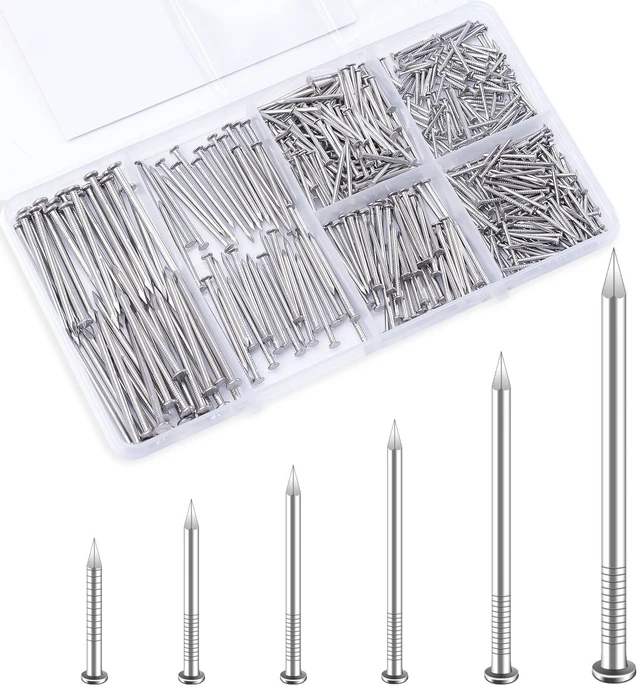 Main image of 500Pcs Stainless Steel Wall Nails Assortment Kit, 6 Sizes Long Nails for Hanging Picture Frames,Shelves, Wood, Drywall, Small Nails, Finishing Nail for Home Decor & Home Improvement