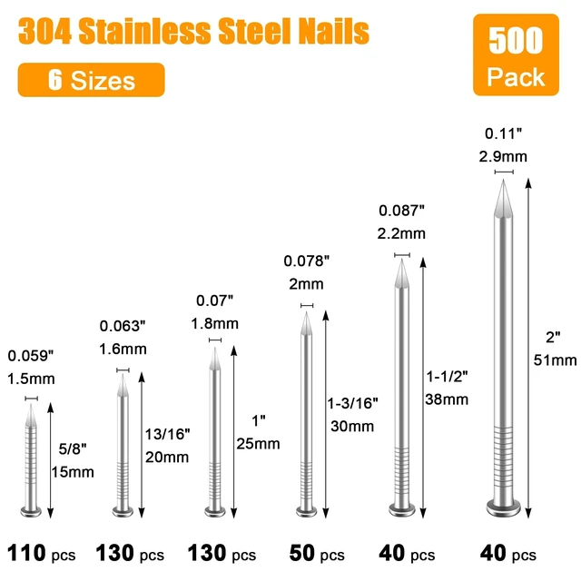 Alt view image 3 of 7 - 500Pcs Stainless Steel Wall Nails Assortment Kit, 6 Sizes Long Nails for Hanging Picture Frames,Shelves, Wood, Drywall, Small Nails, Finishing Nail for Home Decor & Home Improvement