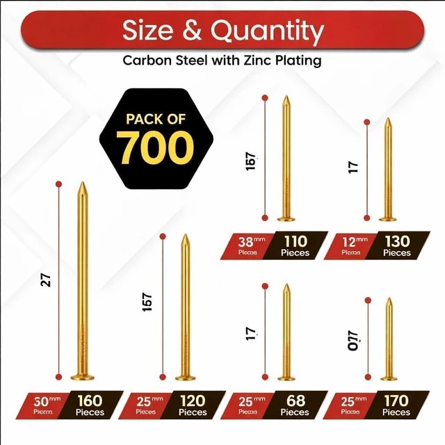 Alt view image 2 of 5 - Nails Assortment Kit - 700 PCS Galvanized High Carbon Nails for Hanging Art | 6 Sizes Organizer Box for Frames, Pictures & DIY Projects Durable Rust-Resistant Hardware Set (Gold)