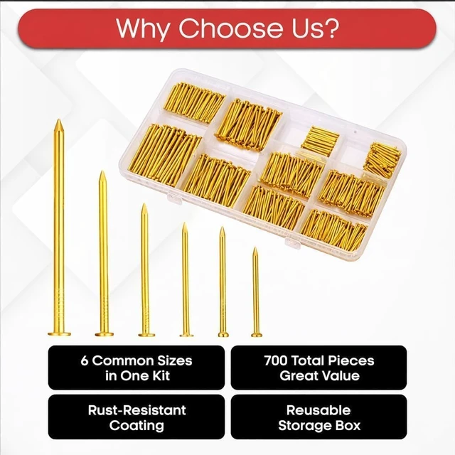 Alt view image 3 of 5 - Nails Assortment Kit - 700 PCS Galvanized High Carbon Nails for Hanging Art | 6 Sizes Organizer Box for Frames, Pictures & DIY Projects Durable Rust-Resistant Hardware Set (Gold)