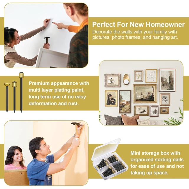 Alt view image 7 of 7 - 90PCS Picture Hanging Nails, 3 Sizes Wall Decorative Nails for Hanging Pictures Frame Kit Hanging Hardware Tool Hangers for Claw Drywall Nails (Small Medium Large Nails)