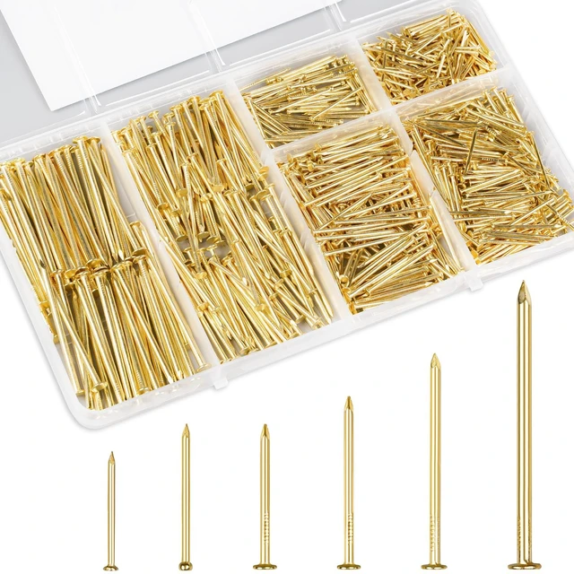 Main image of Gold Picture Hanging Nails Assortment Kit, 700 Pcs Wall Hanging Set for Frame, Art , Photo, 6 Sizes Brass Small Framing Nails for Home Improvement and Wall Decor