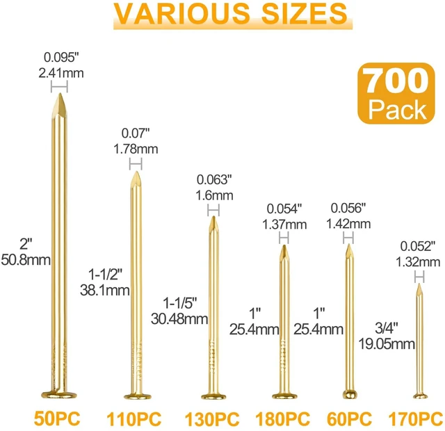 Alt view image 2 of 7 - Gold Picture Hanging Nails Assortment Kit, 700 Pcs Wall Hanging Set for Frame, Art , Photo, 6 Sizes Brass Small Framing Nails for Home Improvement and Wall Decor