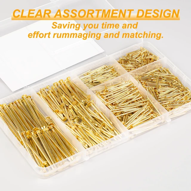 Alt view image 3 of 7 - Gold Picture Hanging Nails Assortment Kit, 700 Pcs Wall Hanging Set for Frame, Art , Photo, 6 Sizes Brass Small Framing Nails for Home Improvement and Wall Decor