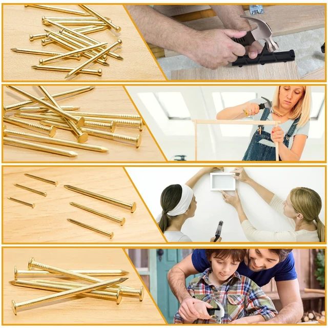 Alt view image 6 of 7 - Gold Picture Hanging Nails Assortment Kit, 700 Pcs Wall Hanging Set for Frame, Art , Photo, 6 Sizes Brass Small Framing Nails for Home Improvement and Wall Decor