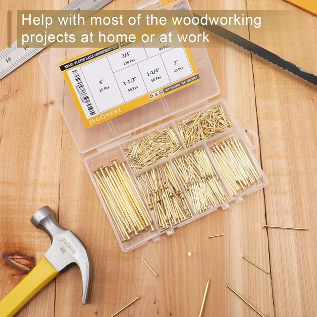 Alt view image 2 of 7 - 358PCS Brass Plated Nails Assortment Kit, 6 Sizes for Hanging & Woodworking | Sharp Points for Easy Start, Rustproof Finish, Storage Box Included, Great for Picture Frames & Shelve