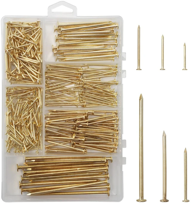 Main image of 358PCS Brass Plated Nails Assortment Kit, 6 Sizes for Hanging & Woodworking | Sharp Points for Easy Start, Rustproof Finish, Storage Box Included, Great for Picture Frames & Shelve