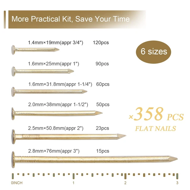 Alt view image 3 of 7 - 358PCS Brass Plated Nails Assortment Kit, 6 Sizes for Hanging & Woodworking | Sharp Points for Easy Start, Rustproof Finish, Storage Box Included, Great for Picture Frames & Shelve
