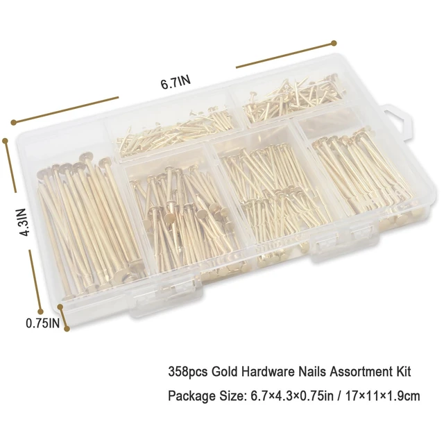 Alt view image 7 of 7 - 358PCS Brass Plated Nails Assortment Kit, 6 Sizes for Hanging & Woodworking | Sharp Points for Easy Start, Rustproof Finish, Storage Box Included, Great for Picture Frames & Shelve