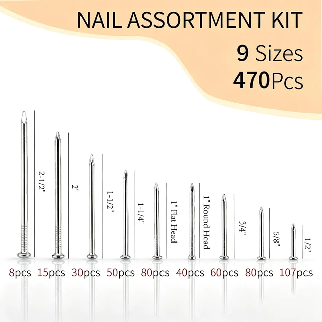 Alt view image 2 of 7 - 470 Pcs Nail Assortment Kit, 9 Sizes Finishing Nails for Hanging Pictures, Maximum Length 2-1/2 Inches Galvanized, Long and Small Nails for Wall Art