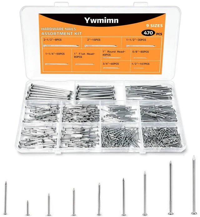 Main image of 470 Pcs Nail Assortment Kit, 9 Sizes Finishing Nails for Hanging Pictures, Maximum Length 2-1/2 Inches Galvanized, Long and Small Nails for Wall Art