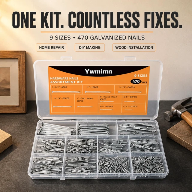 Alt view image 3 of 7 - 470 Pcs Nail Assortment Kit, 9 Sizes Finishing Nails for Hanging Pictures, Maximum Length 2-1/2 Inches Galvanized, Long and Small Nails for Wall Art