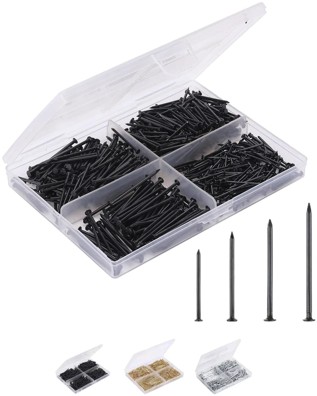 Main image of Nail Assortment Kit, 600 Pcs, 4 Sizes, Black Picture Hangers | Small Nails for Hanging Pictures, Finishing Nails for Drywall, Wood