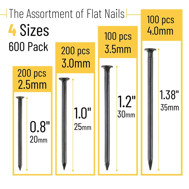 Alt view image 2 of 7 - Nail Assortment Kit, 600 Pcs, 4 Sizes, Black Picture Hangers | Small Nails for Hanging Pictures, Finishing Nails for Drywall, Wood
