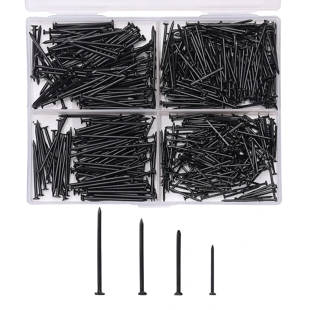 Alt view image 5 of 7 - Nail Assortment Kit, 600 Pcs, 4 Sizes, Black Picture Hangers | Small Nails for Hanging Pictures, Finishing Nails for Drywall, Wood