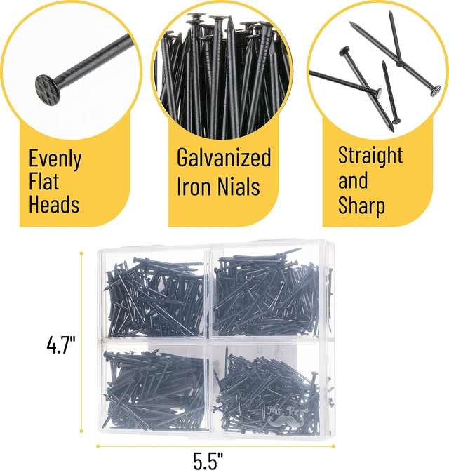 Alt view image 3 of 7 - Nail Assortment Kit, 600 Pcs, 4 Sizes, Black Picture Hangers | Small Nails for Hanging Pictures, Finishing Nails for Drywall, Wood