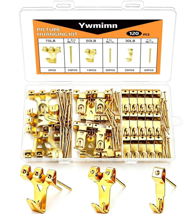 Main image of 120Pcs 3 Sizes Picture Hanging Kit, 30lb 50lb 75lb Picture Hangers Hooks with Nails, Gold Picture Hanging Hardware, Frame Hanging Kit Wall Hanging Kit for Photo Frame Artwork