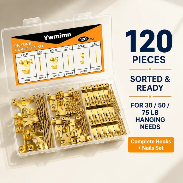 Alt view image 2 of 6 - 120Pcs 3 Sizes Picture Hanging Kit, 30lb 50lb 75lb Picture Hangers Hooks with Nails, Gold Picture Hanging Hardware, Frame Hanging Kit Wall Hanging Kit for Photo Frame Artwork