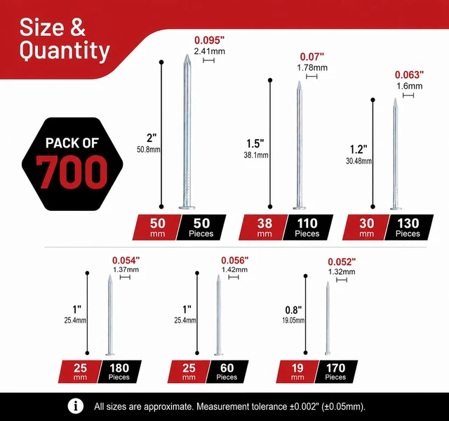 Alt view image 2 of 7 - Nails Assortment Kit - 700 PCS Galvanized Steel Nails for Wall | Hanging Pictures & Wall Art Decor, Organizer Box with 6 Sizes: 3/4", 1", 1-1/4", 1-1/2", 2" & Finish Nails.