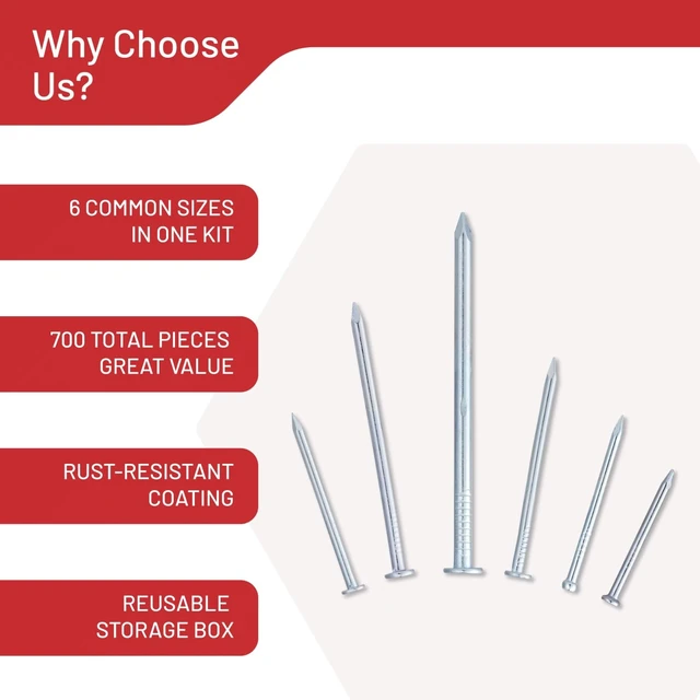 Alt view image 7 of 7 - Nails Assortment Kit - 700 PCS Galvanized Steel Nails for Wall | Hanging Pictures & Wall Art Decor, Organizer Box with 6 Sizes: 3/4", 1", 1-1/4", 1-1/2", 2" & Finish Nails.