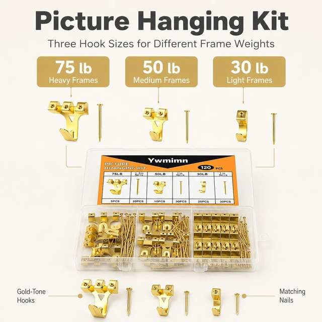 Alt view image 4 of 6 - 120Pcs 3 Sizes Picture Hanging Kit, 30lb 50lb 75lb Picture Hangers Hooks with Nails, Gold Picture Hanging Hardware, Frame Hanging Kit Wall Hanging Kit for Photo Frame Artwork