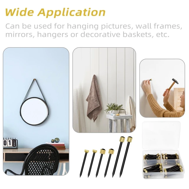 Alt view image 3 of 7 - 90 Pcs Nails for Hanging Picture Decorative Nail for Hanging Wall Decor Pictures Frame Kit 3 Sizes Picture Hangers Photo Hanger Made of Steel Pin & Brass Head Nails Hardware with Plastic Box (Black)