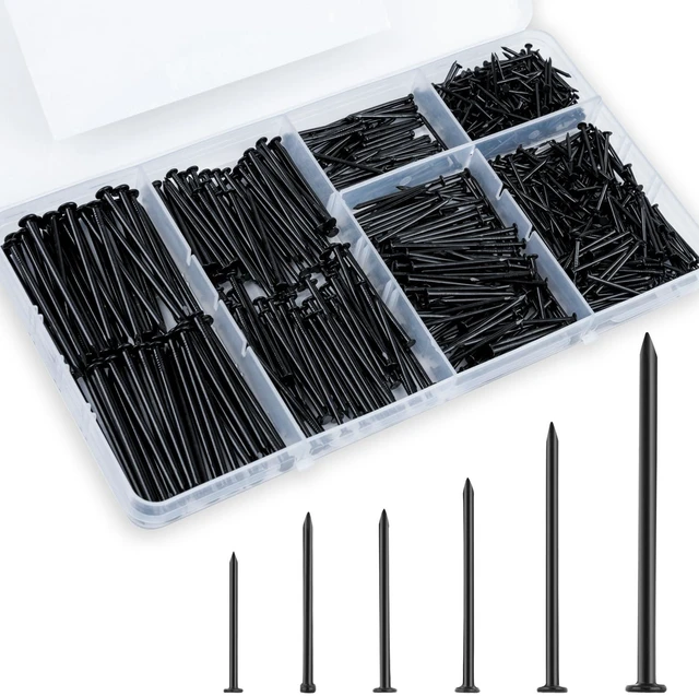 Main image of Black Nails for Hanging Wall Decor Tapestry Pictures Frame,700pc Picture Hangers for Bedroom Bathroom Office, 6 Sizes Small Finish Nails Assortment Kit,640 Frame Nails and 60 Finishing Nails