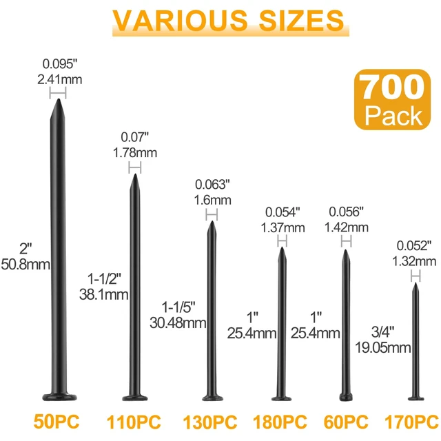 Alt view image 2 of 7 - Black Nails for Hanging Wall Decor Tapestry Pictures Frame,700pc Picture Hangers for Bedroom Bathroom Office, 6 Sizes Small Finish Nails Assortment Kit,640 Frame Nails and 60 Finishing Nails