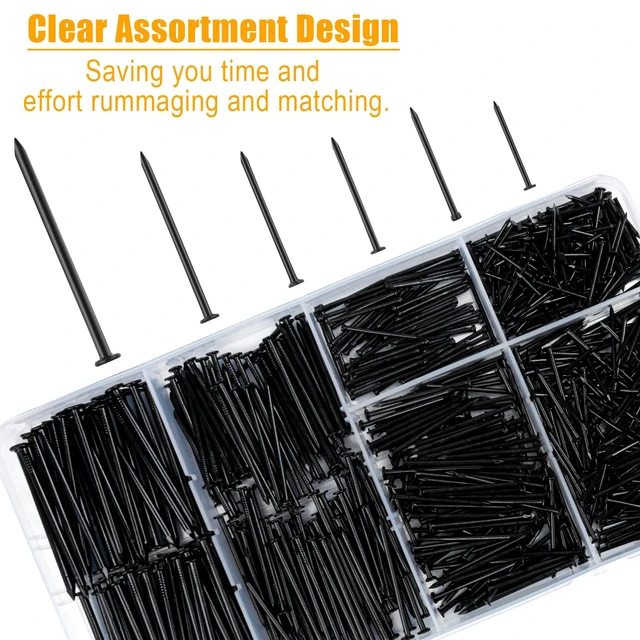 Alt view image 3 of 7 - Black Nails for Hanging Wall Decor Tapestry Pictures Frame,700pc Picture Hangers for Bedroom Bathroom Office, 6 Sizes Small Finish Nails Assortment Kit,640 Frame Nails and 60 Finishing Nails