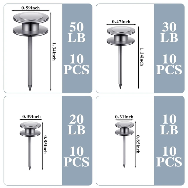 Alt view image 2 of 6 - 40 Piece Double Headed Picture Hangers Nails 4 Size Thumb Tacks for Wall Hanging Renter Friendly Decor Heavy Duty Push Pins Wall Nails for Drywall Frame Art, 10/20/ 30/ 50lb(Silver)