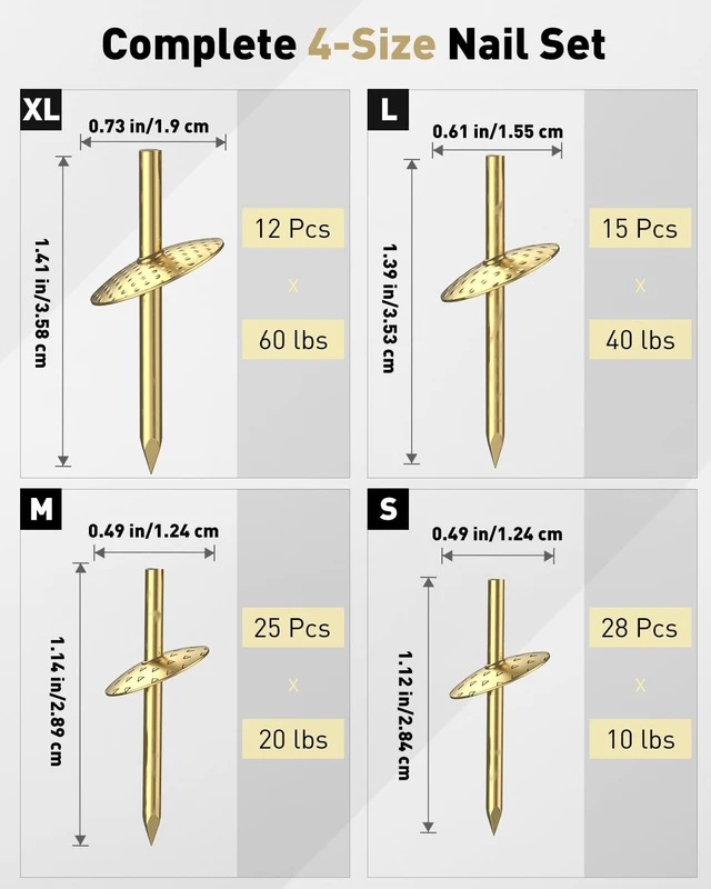 Alt view image 2 of 7 - 80 Pcs Picture Hangers, Picture Hanging Kit 4 Sizes | Picture hanging hooks, picture Hanging Nails, long picture hooks, for photo frame Art mirror decor, gold