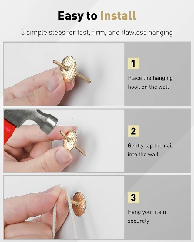 Alt view image 4 of 7 - 80 Pcs Picture Hangers, Picture Hanging Kit 4 Sizes | Picture hanging hooks, picture Hanging Nails, long picture hooks, for photo frame Art mirror decor, gold