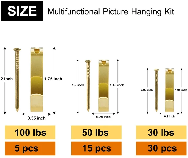 Alt view image 2 of 7 - 50pcs Picture Hangers with Different Sizes, Heavy Duty 30-100lbs Picture Hanging Hooks with Nails, Wall Hangers,Picture Hooks,Professional Plaster Picture Hanging Kit for Wooden Wall or Drywall