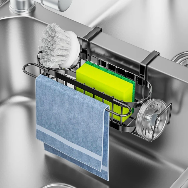 Main image of Kitchen Sink Caddy Sponge Holder in The Sink, Stainless Steel Kitchen Sink Organizer, Brush Holder, Dish Cloth Hanger, Sink Stopper Holder (Hanging-Black)