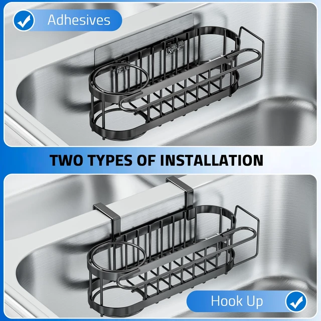 Alt view image 2 of 7 - Kitchen Sink Caddy Sponge Holder in The Sink, Stainless Steel Kitchen Sink Organizer, Brush Holder, Dish Cloth Hanger, Sink Stopper Holder (Hanging-Black)