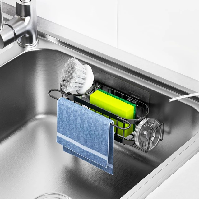 Alt view image 3 of 7 - Kitchen Sink Caddy Sponge Holder in The Sink, Stainless Steel Kitchen Sink Organizer, Brush Holder, Dish Cloth Hanger, Sink Stopper Holder (Hanging-Black)